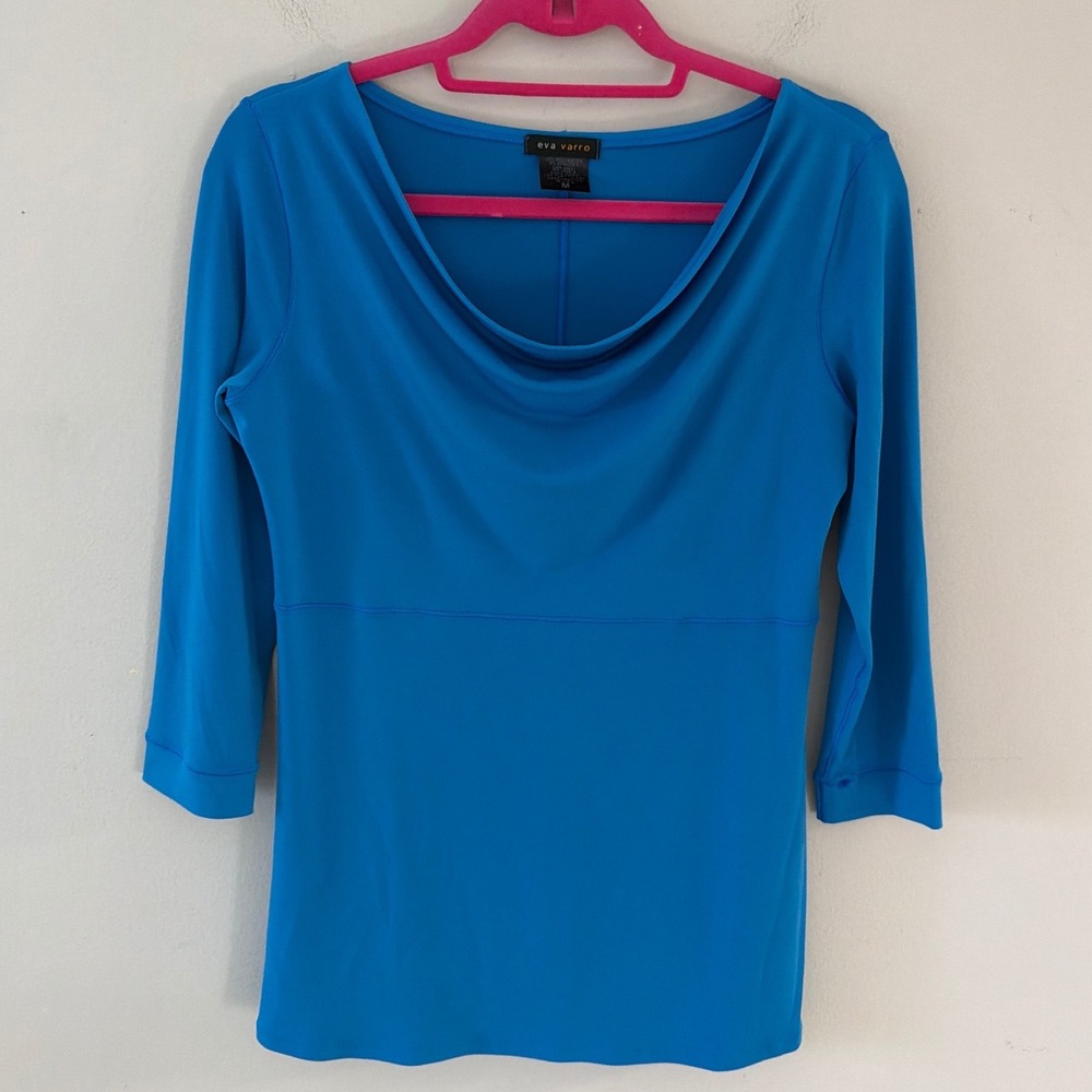 Eva Varro Turquoise Blue Cowl Neck 3/4 Sleeve Top Empire Waist Made in USA Med